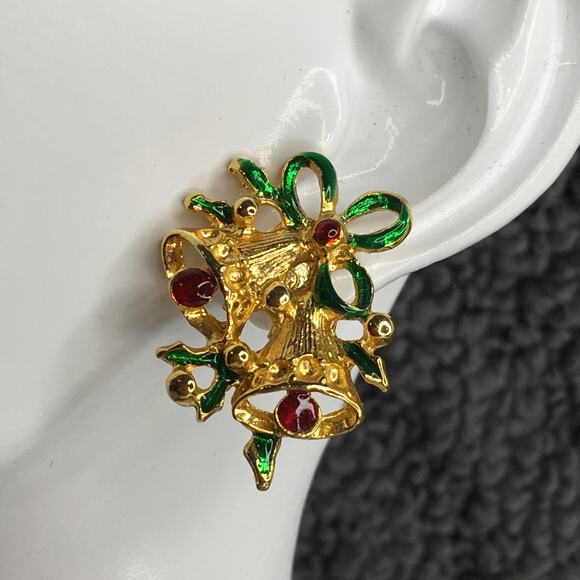 Vintage Christmas Bell Pierced Earrings Gold Tone w/ Green & Red - Picture 1 of 13